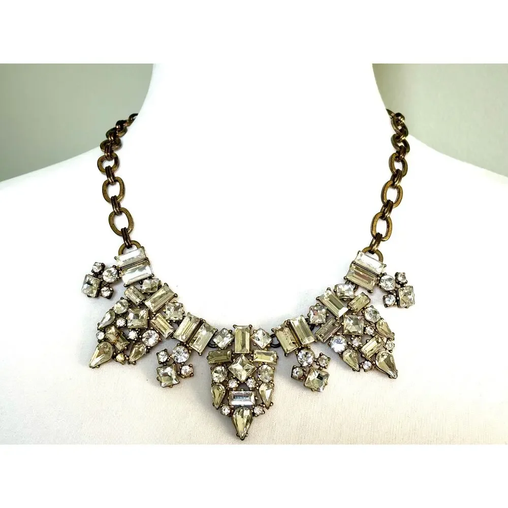 Vintage J. Crew Gold Tone Crystal Cluster Statement Necklace EUC